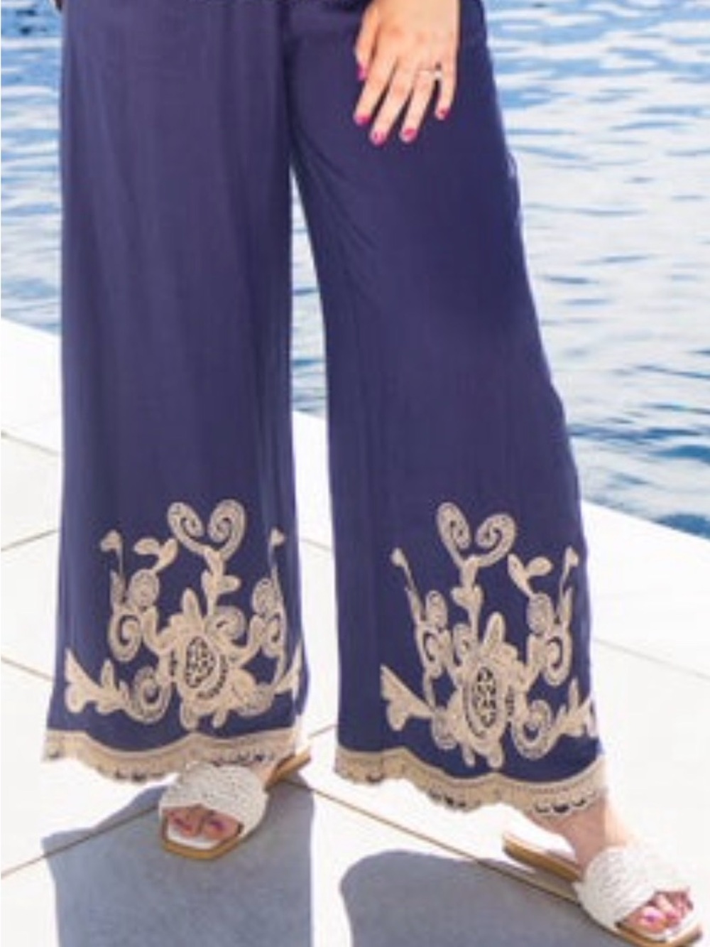 Umgee Womens Linen Blend Wide-Leg Embroidered Palazzo Pants S